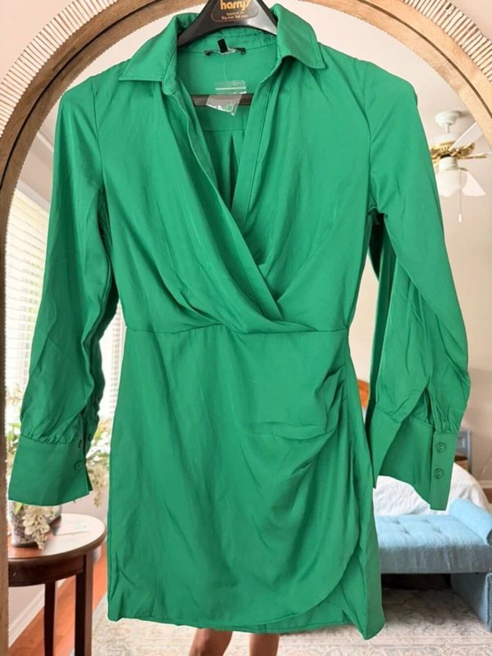 FORE Green Tencel Wrap Shirt Dress S Emerald Long Sleeve Draped Faux Wrap Mini